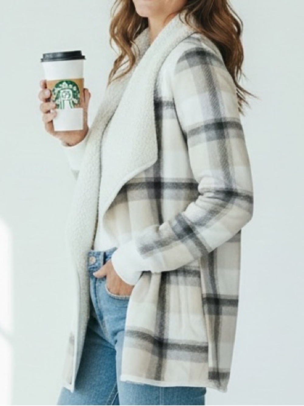 Abercrombie & Fitch Sherpa Lined Plaid Open Waterfall Shacket